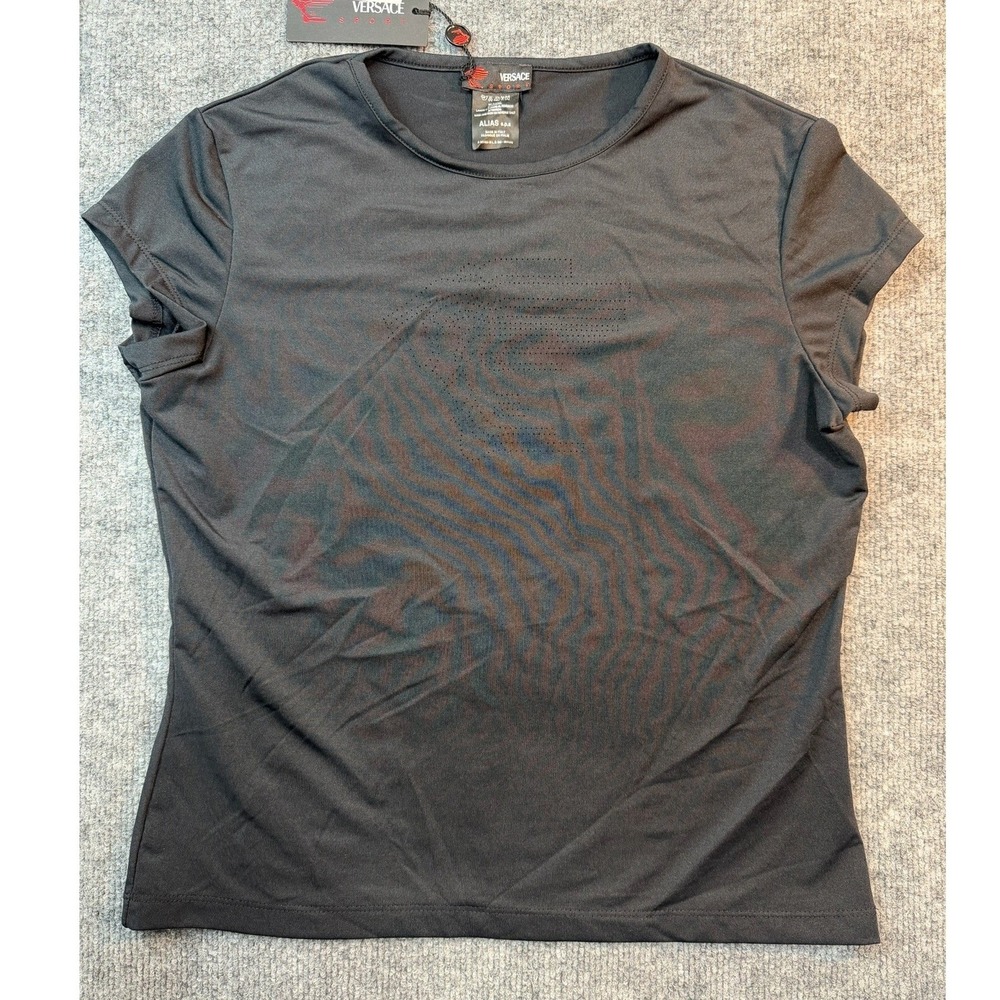 Versace Sport 2002 Vintage Black Perforated Logo‎ T-Shirt Womens Large NWT